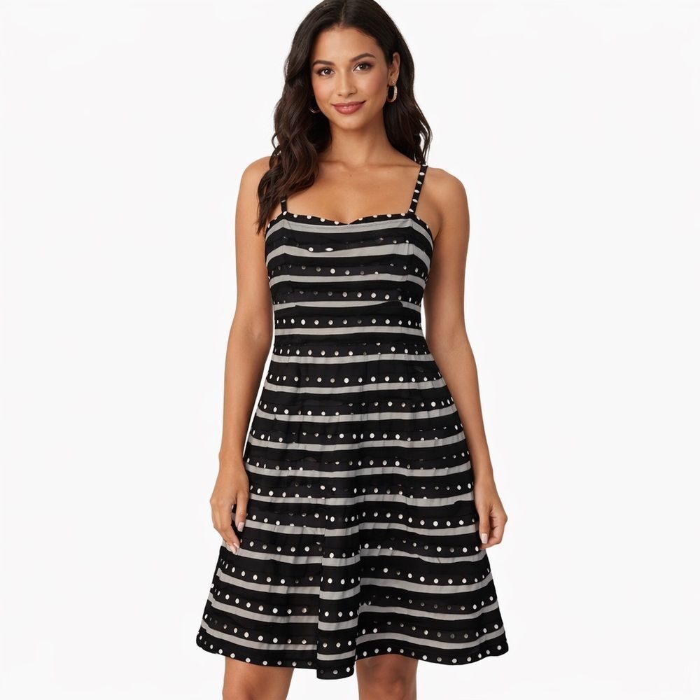 BCBGMAXAZRIA Dress Womens 6 Black Silk Polka Dot Fit Flare Sundress Knee Length